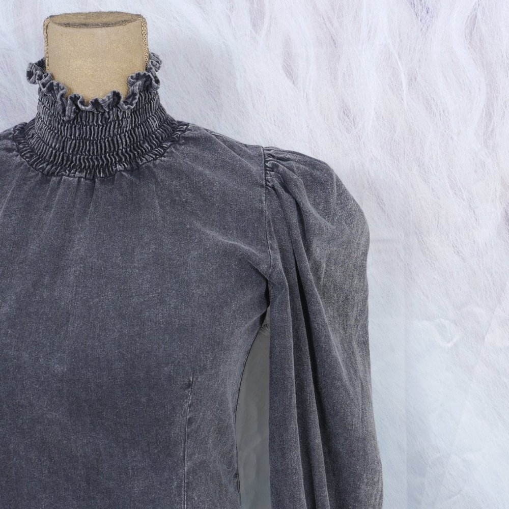 Zara "The 80's Collection" Black Acid Washed High Neck Puff Long Sleeve S XS Top - Picture 5 of 10